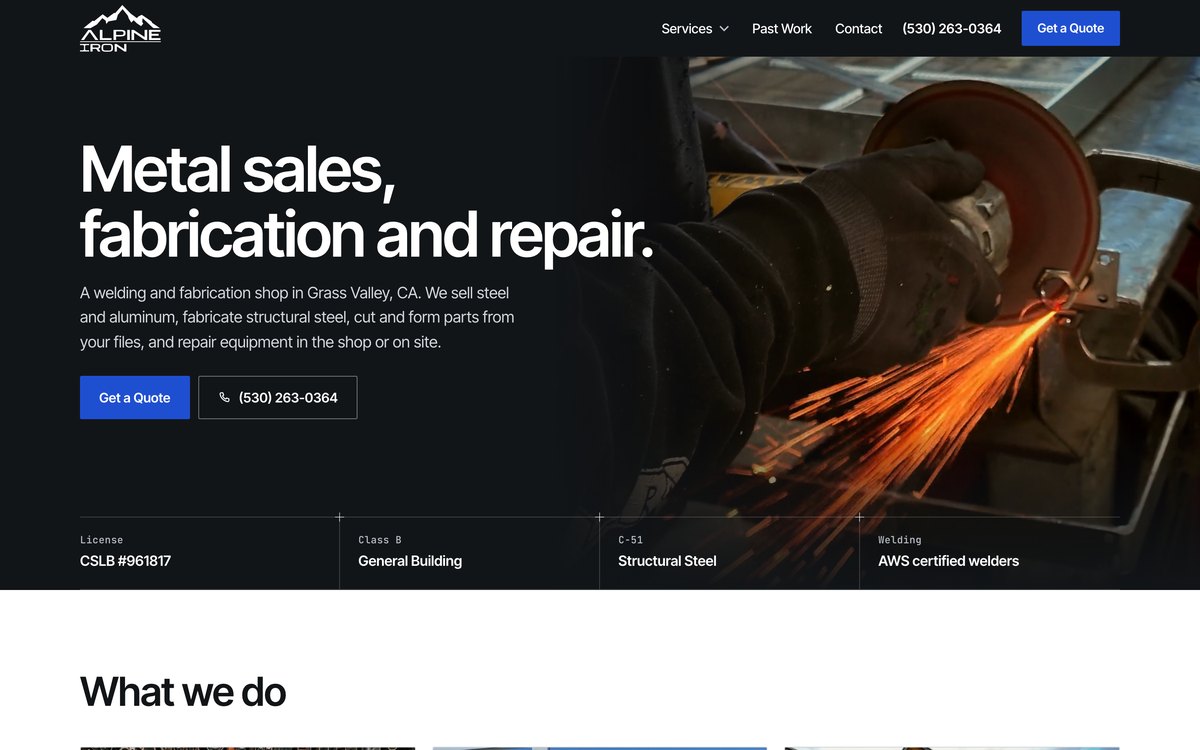 The Alpine Iron home page: the headline Metal sales, fabrication and repair over a photo of a grinder throwing sparks